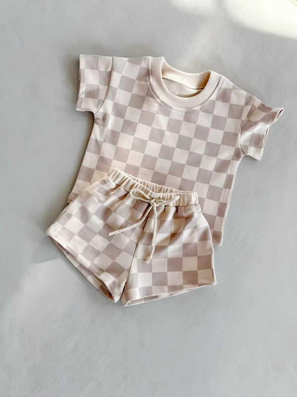 Grey Checkered Cotton Two Piece Short Sleeve Set