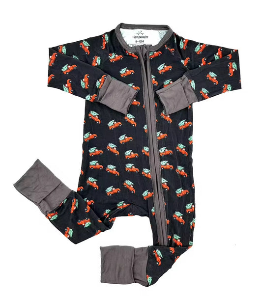 Big Red Truck in Black Bamboo Romper