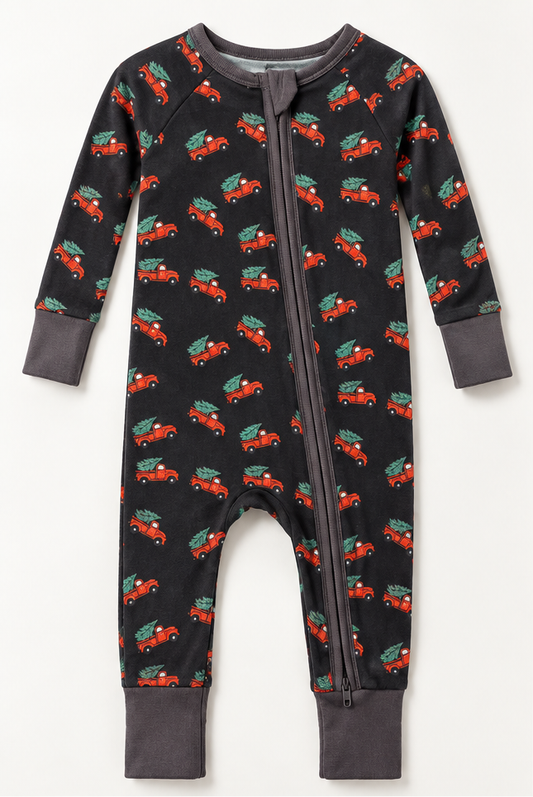Big Red Truck in Black Bamboo Romper
